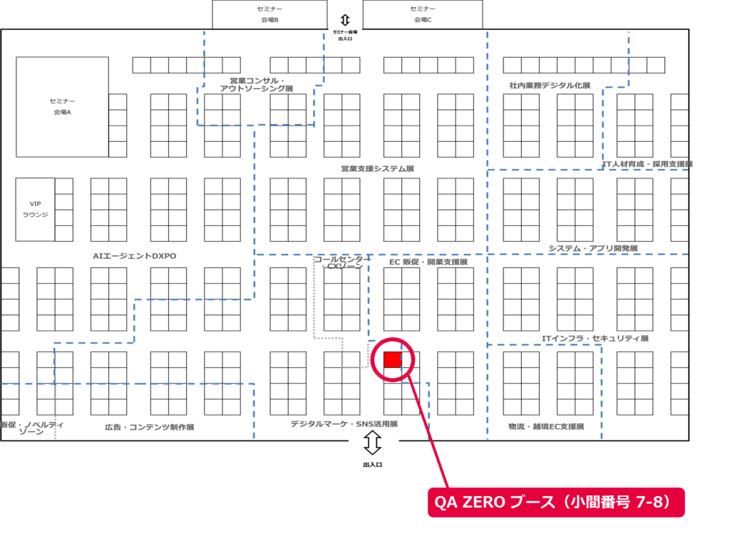 営業・マーケDXPO東京'26【秋】会場図。QA ZEROブースは小間番号7-8